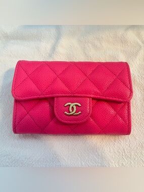 Authentic Chanel Pink Caviar Card Holder/Coin Purse — Gold Hardware